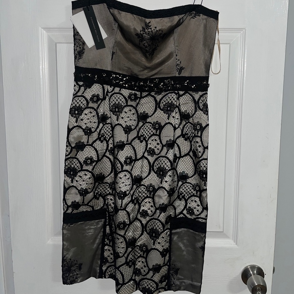 Alessandro Dell'Acqua Dress Black Ivory Lace Strapless Above Knee 44 Womens NWT